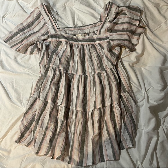 Terra & Sky Grey pink White Striped tiered short sleeve Linen Tunic plus size - Picture 1 of 2